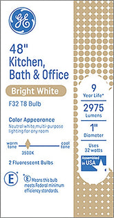 GE 66837 Light Bulb, 32 W, T8 Lamp, G13 Medium Bi-Pin Lamp Base, 2975 Lumens, 3500 K Color Temp